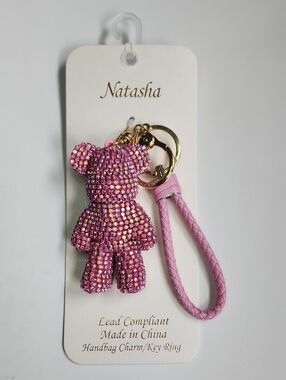 Natasha Couture Pink Crystal Teddy Bear Keychain Wristlet Charm